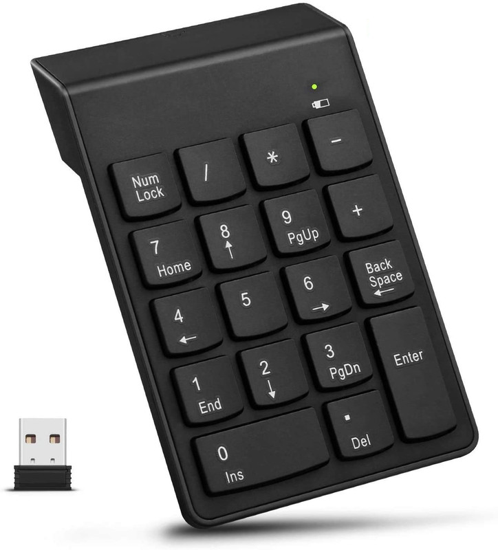 SCALEBEE Mini Numeric Keypad 2.4GHz Wireless 18 Keys Pad for PC Desktop Notebook Wireless Handheld Laptop Keyboard Compatible with Desktop, Laptop, Mac White Printed,stand support(Black)
