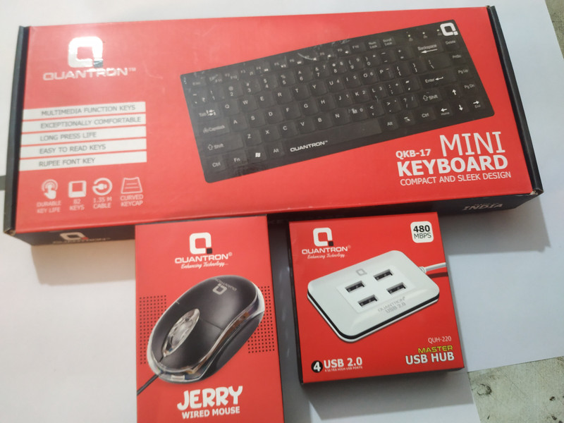 Quantron QKB-17 MINI KEYBOARD + 540 WIRED MOUSE + 220 WHITE 4 PORT USB HUB. Wired USB Standard Laptop Keyboard Compatible with Laptop(Black)