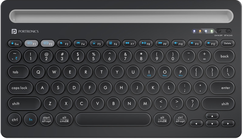 Portronics Bubble Dock Bluetooth, Wireless Handheld Multi-device Keyboard Compatible with Desktop, Laptop, Mac with Tablet/Smartphone holder 12 inch wide & On/Off switch,Compact Tenkeyless(Black)