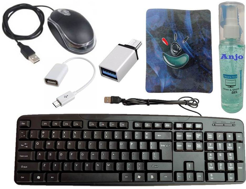 ANJO 6 in 1 Combo Of Wired LED Mouse-Mouse Pad-Cleaning Gel-OTG Type C & Micro OTG - Wired USB Standard Multi-device Keyboard Compatible with Desktop, Laptop, Mac stand support(Black)