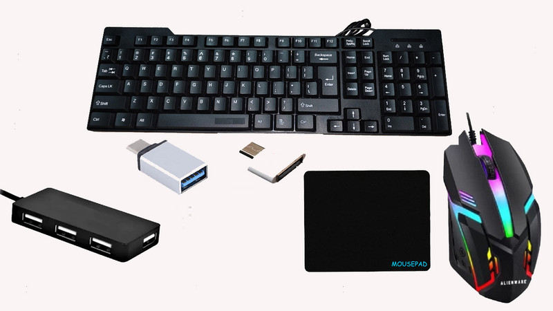 RSG PRODOT 5D COMBO - KEYBOARD,RGB MOUSE,USB HUB ,MOUSEPAD,HDMI,TYPE C & V8 OTGP Wired USB Standard Multi-device Keyboard Compatible with Desktop, Laptop, Mac stand support,FEEL(Black, Multicolor)