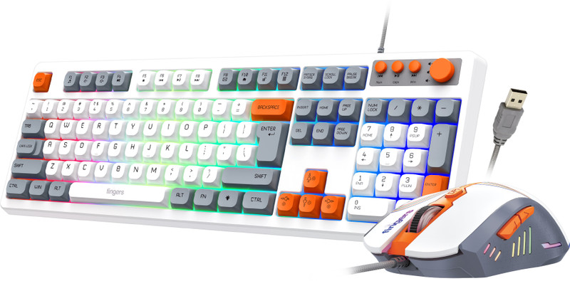 FINGERS CubikCombo With Mouse Wired USB Standard Multi-device Keyboard Compatible with Desktop, Laptop, Mac, Tablet(Classic White + Orange&Grey Accents)