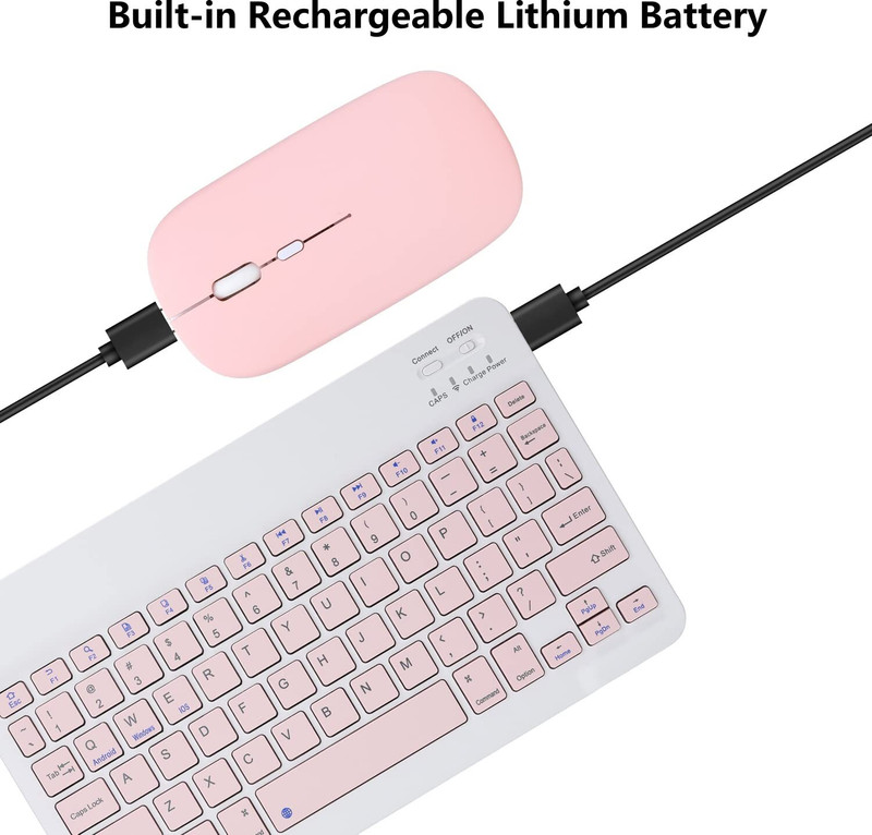 RyzCare Rechargeable Slim Typewriter-Style Compact Keyboard & Mouse Wireless Laptop-size Multi-device Keyboard Compatible with Desktop, iPad, Laptop, Tablet(White)