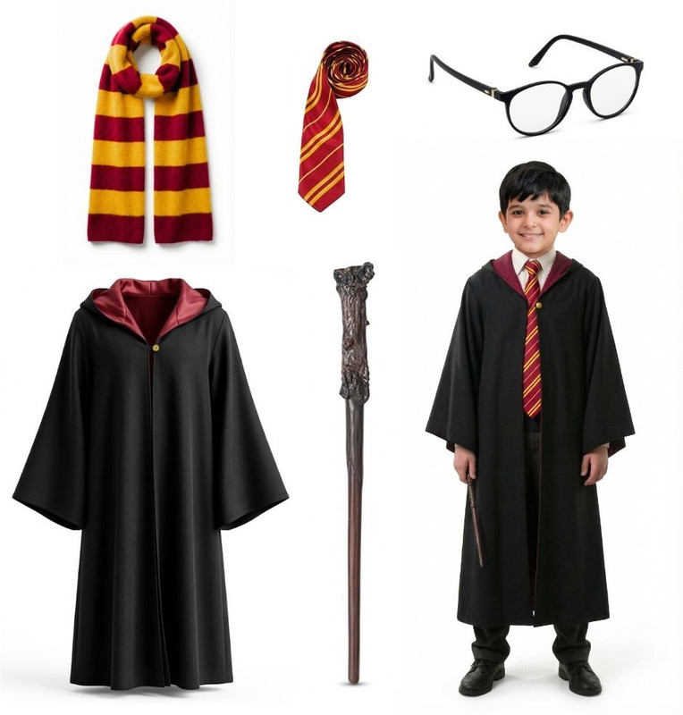 sarvda Ready to Wear Wizard Costume Set for Kids – Robe, Wand, Scarf, Tie & Glasses Kids Costume Wear