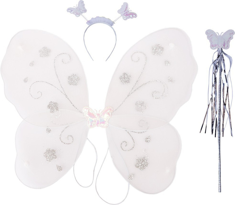 ITSMYCOSTUME Fairy Butterfly Wings Costume White Complete Set-Wings,Hairband,Stick for Girls Kids Costume Wear