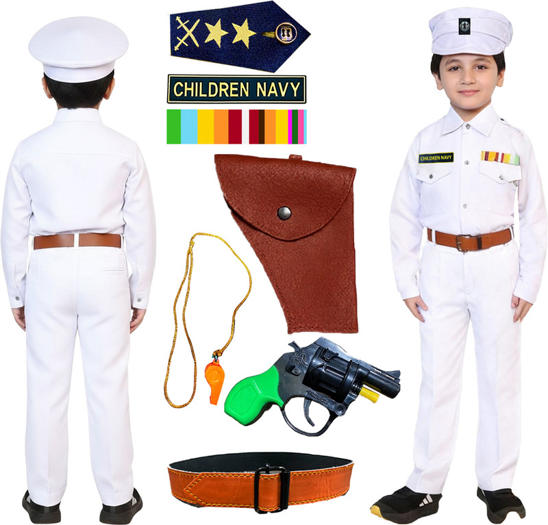 Maasuryakala Navy Dress with Belt, Whistle, Toy Gun, Gun cover Kids Costume Wear
