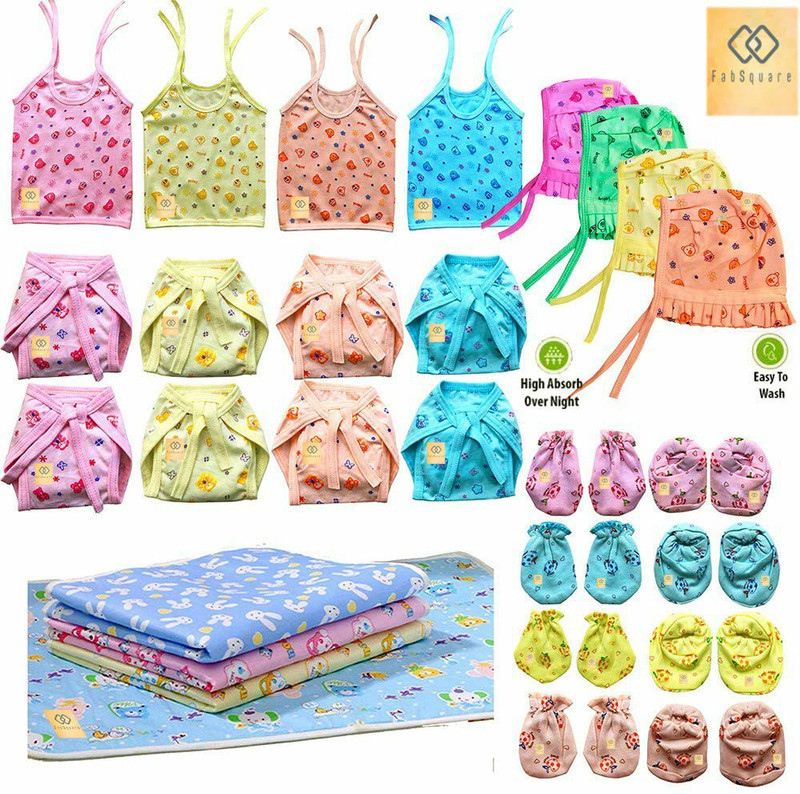 FabSquare New Born Baby Combo (Set Of 28, 4Jhabla, 8Nappy, 8Mittens,4Cap And 4 plastic mat(Multicolor)