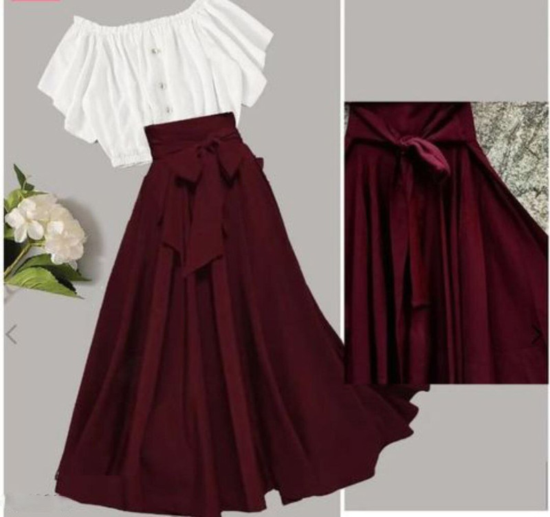 Saad Modern Fashion Girls Party(Festive) Skirt Top(Maroon, Pack of 1)