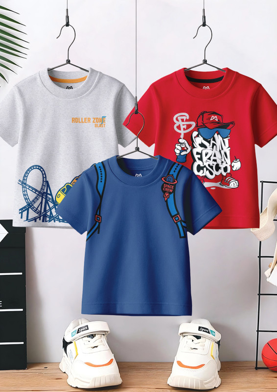 DREAM 2 DRESSES Boys Printed Pure Cotton Regular T Shirt(Multicolor, Pack of 3)