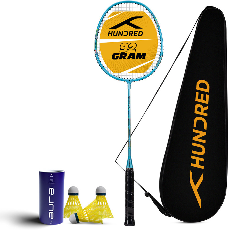 Hundred Powertek 200 (2 Strung Rackets with 1 Full Cover) & 3pc Aura Nylon Shuttlecocks Badminton Kit