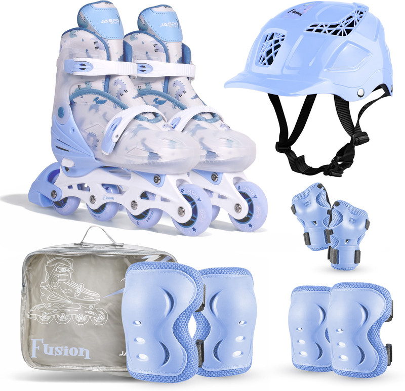 Jaspo Fusion Inline Skate Combo-Helmet & Knee,Wrist,Elbow Guard|Adjustable(17.5-20cm)| Skating Kit