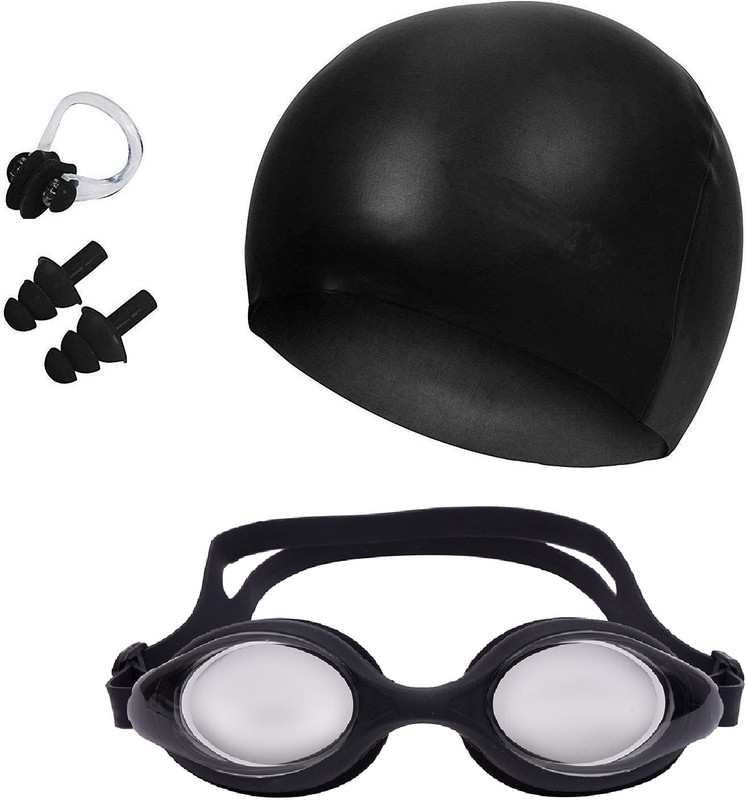 THE MORNING PLAY BLACK SWIMMING KIT With CAP GOGGLE NOSE PLUG EAR PLUG Swimming Kit