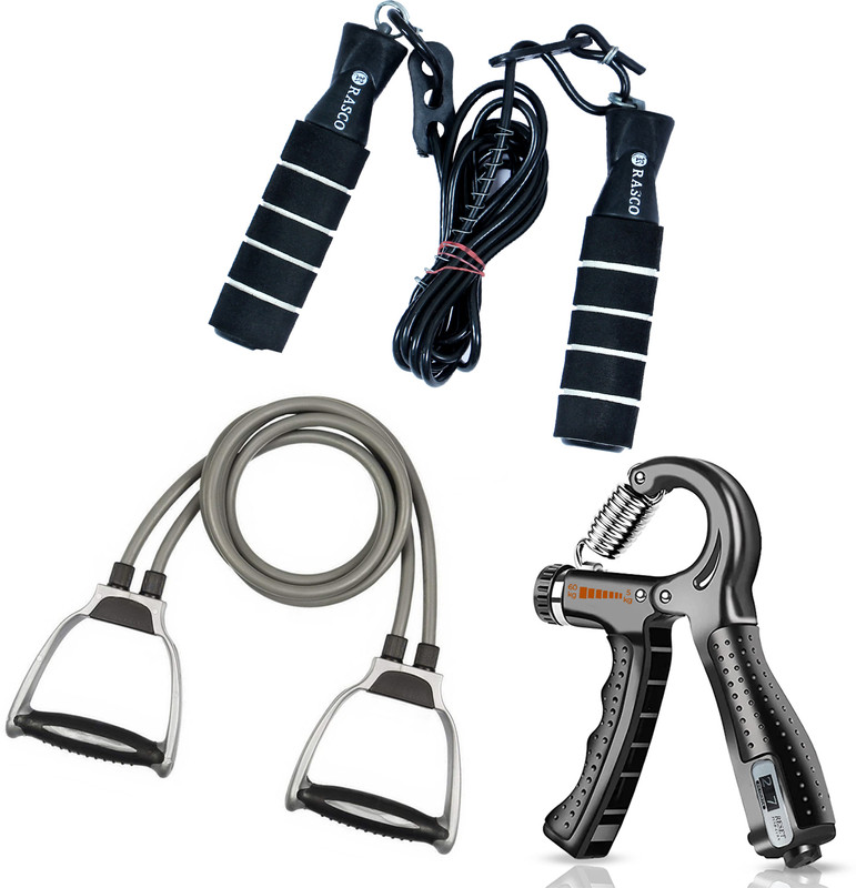 LatinX Combo of Hand Grip Strengthener with Resistance Band & Skipping Rope Fitness Accessory Kit Kit
