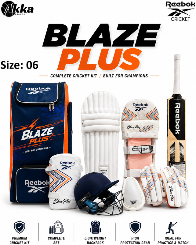 REEBOK Blaze Plus Cricket Kit KW Bat Helmet Leg guards Gloves Kitbag Boys & Adults Cricket Kit