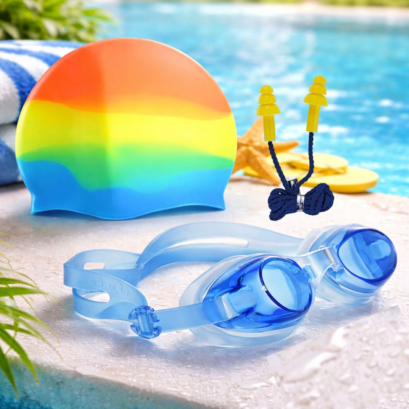 USVBG Swimming Silicon Cap Goggles ear plugs combo for Adults Swimming Kit