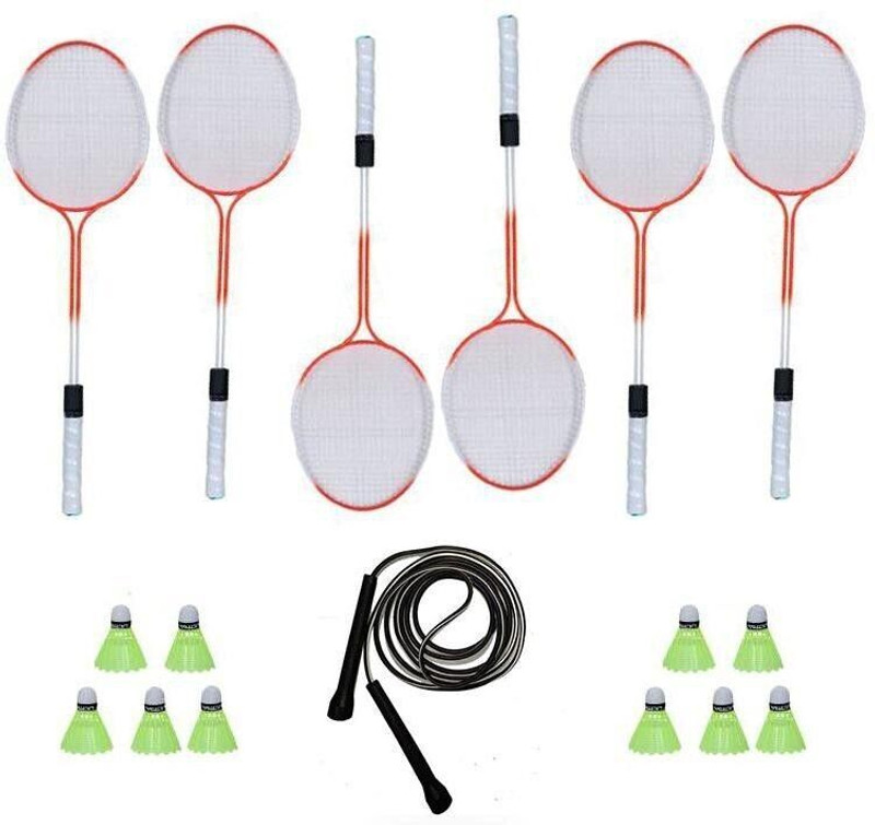 Roxonspo Badminton Racquet Set- 6 Pc With 10 Piece Nylon Shuttle & 1 Skipping Rope b New Badminton Kit