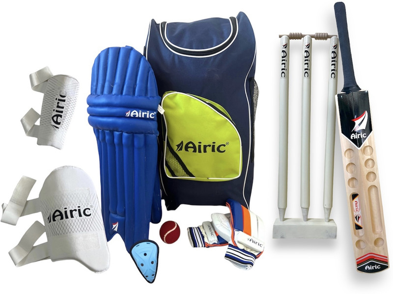 Airic Premium Scoop Bat with 27" Wooden Wickets & Batting Guards (Men Size 15yrs +) Cricket Kit