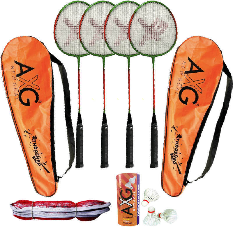 AXG NEW GOAL Classy Colored Thrasher Racquets with Feather shuttles and Net Badminton Kit