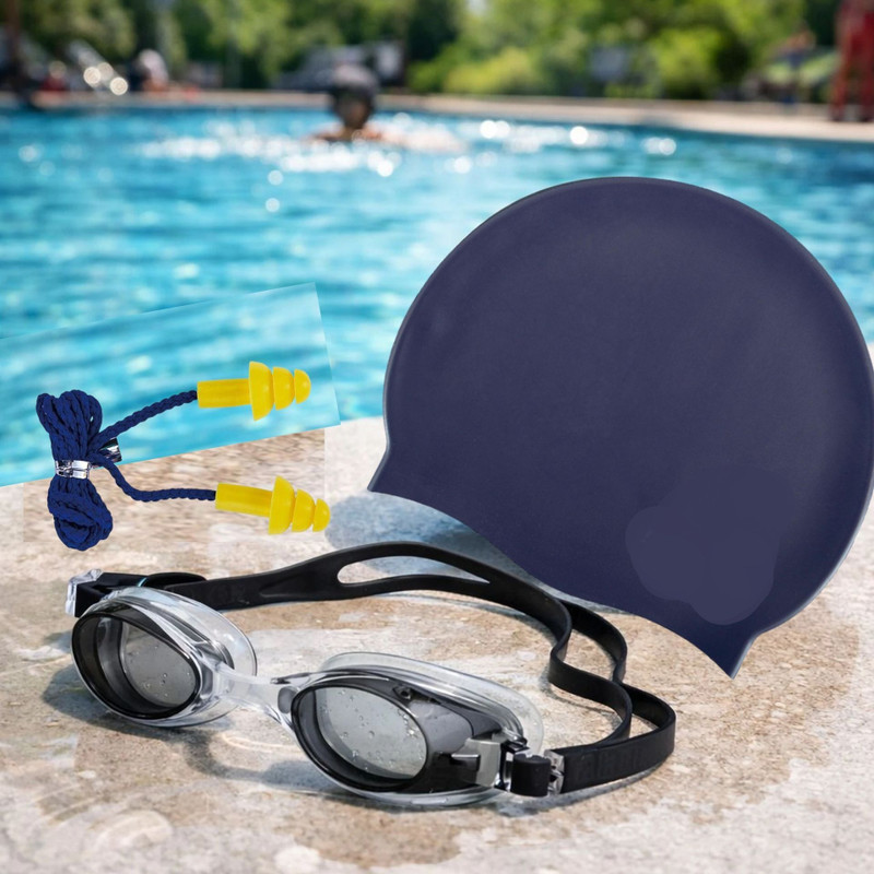 NXOABGVD Swimming Silicon Cap Goggles ear plugs for Adults Men & Women Adjustable Strap Swimming Kit