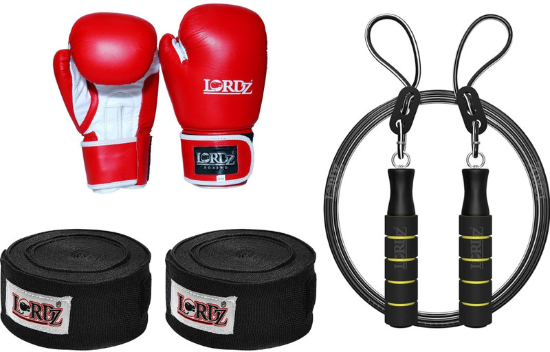 LORDS Genuine leather boxing gloves with hand wrap and skipping rope combo pack of Boxing Kit