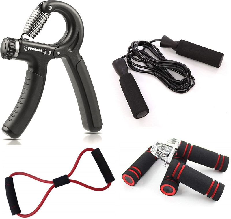 Fitnesstricks Hand Gripper, Skipping Rope, Resistance Tube and 2 Foam Hand Grip for Workout Fitness Accessory Kit Kit