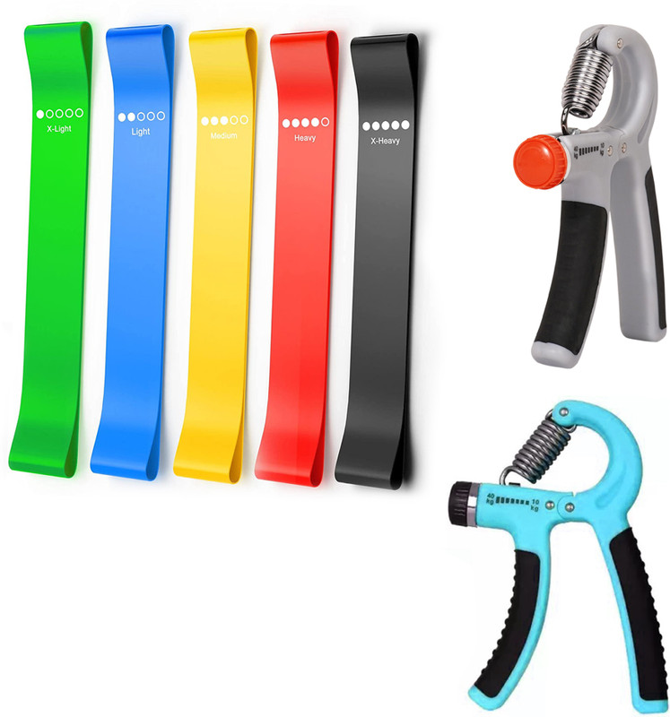 Manogyam Fitness Combo Pack of Loop Bands Set of 5 & 2Pc Hand Grippers for Workout Fitness Accessory Kit Kit