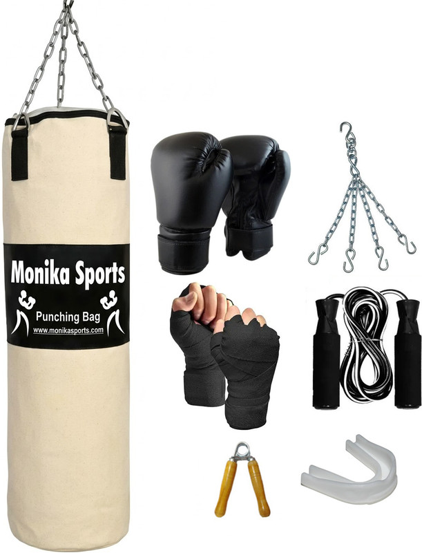 Monika Sports Senior Boxing Combo 3 feet unfilled Punching Bag With Hanging Chain + Pair of Boxing handwrap + Pair of Boxing Gloves + 1 Bearing Skipping Rope + 1 Wooden Handgrip + 1 Mouth Guard Boxing Kit