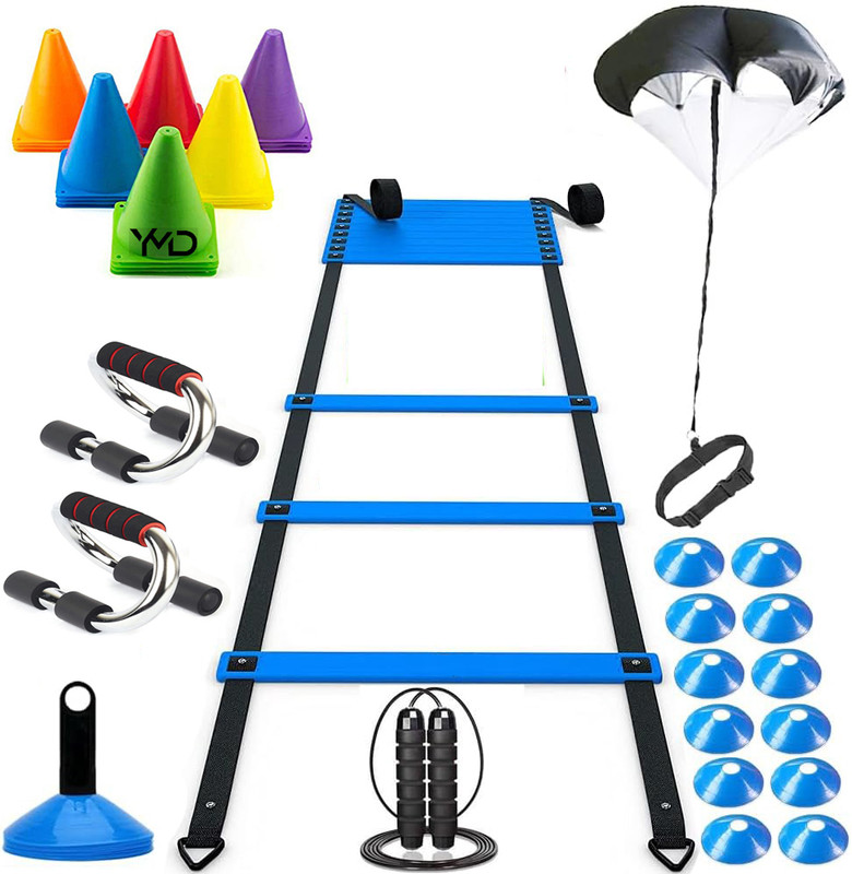 YMD Agility Ladder Training Equipment, Disc Cones, Jump Rope, Parachute, Pushup bar Football Kit