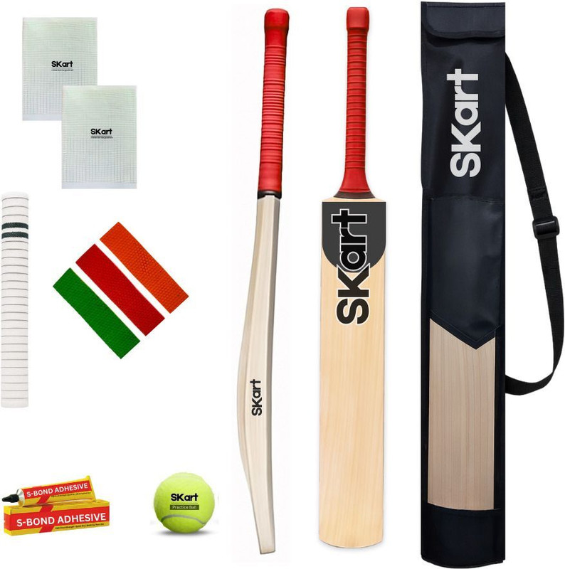 skart Wooden Tennis Cricket Bat Full Size, Tennis Ball, Bat Cover, Toe, Fiber, Grip Cricket Kit