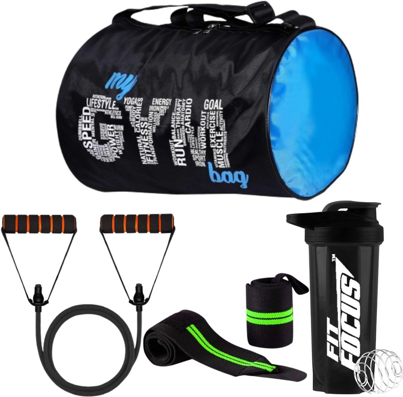 TRUE INDIAN Ultimate Fitness Kit Gym Bag, Protein Shaker, Wrist Support & Toning Tube Fitness Accessory Kit Kit