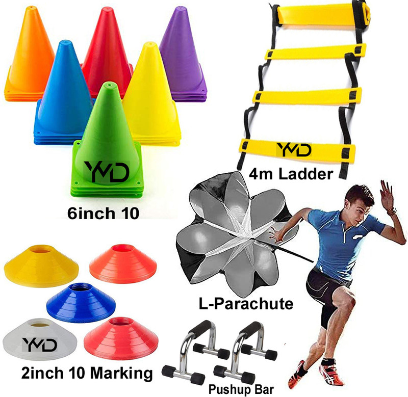 YMD 6 Inch 10 Cone, 10 Space Marker, 4M Ladder Agility, Pushup Bar and Large Para Football Kit