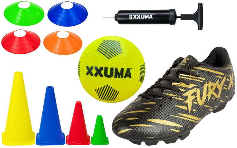 XXUMA Combo Pack Football Shoes (Sz-10), Home Play Ball, Pump,Saucer and Marker Cone Football Kit