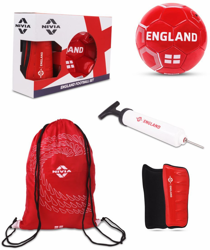 NIVIA Football Kit Pack of 4-England (Football-Size 3,1PairShinguard,Ball Pump,1Bag) Football Kit