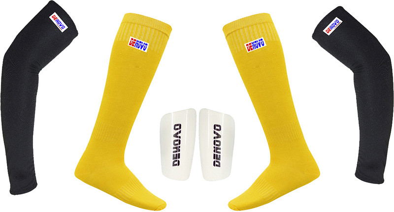 DENOVO Ultimate Protection (One Pair Large Shin Guard + One Pair Lycra Striped Knee Length Football Socks + One Pair UV Protection Arm Sleeves) Football Kit