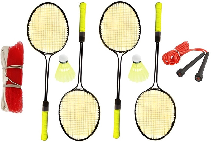 kickmixsports Combo Set Of 4 Racquets With 2pcs Nylon Shuttles 1 Skipping Rope 1 Net Badminton Kit