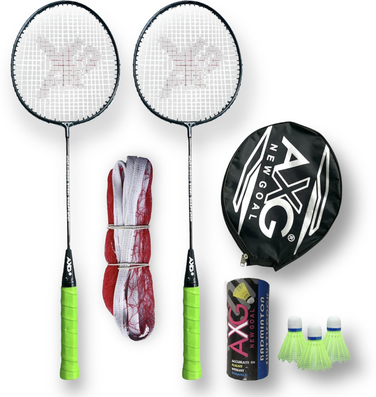 AXG NEW GOAL Hot Shot Scratch Resistant Badminton Racquets 2pc, 3 Plastic Shuttles and Net Badminton Kit