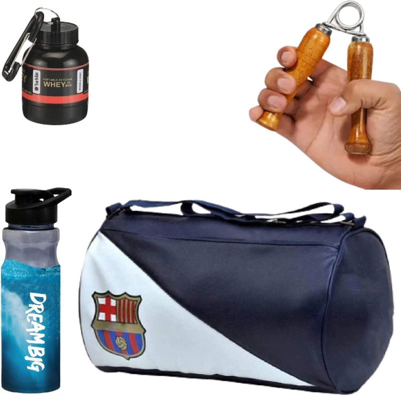 TRUE INDIAN gym bag, SIPPER bottle, MINI WHEY Container with Key-Chain,Wooden hand gripper Fitness Accessory Kit Kit
