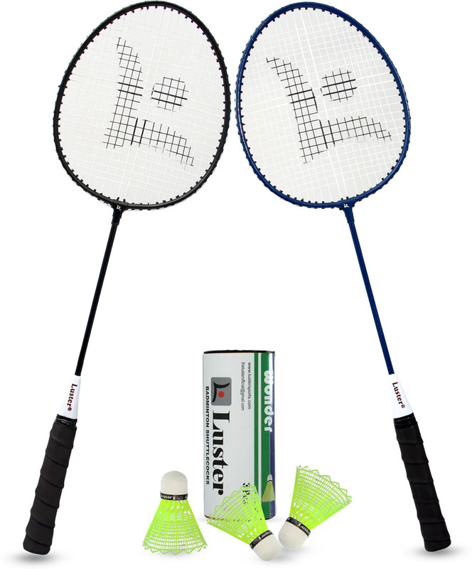 Luster Combo Of Two Racket With Three Plastic Shuttle Cork = Blue Black Racket Badminton Kit