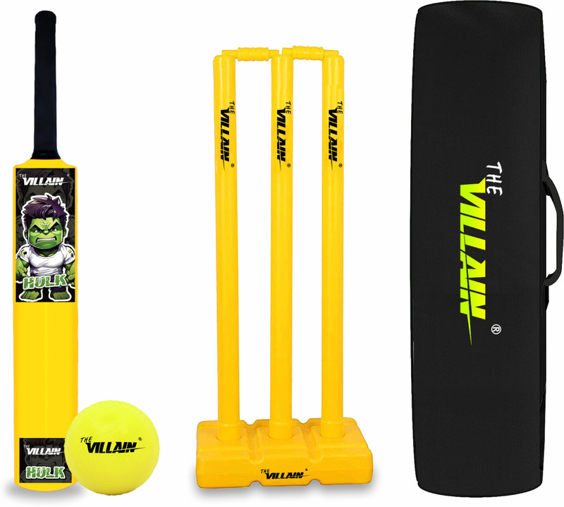 The Villain Wooden Cricket Bat, Ball, 3 Wickets & Cover | (Size-4) 5-8 Age Group | Pack of 4 Cricket Kit