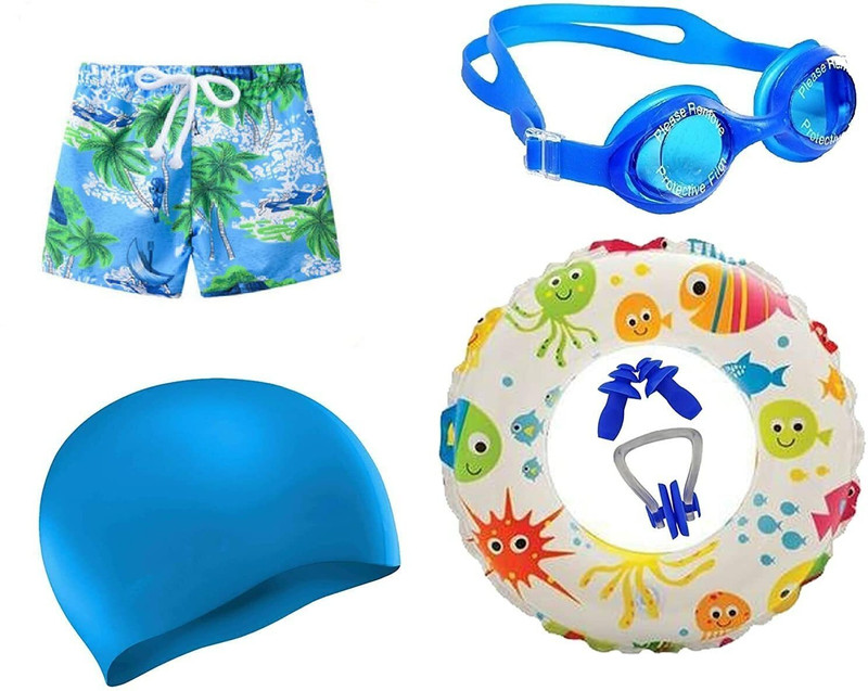 SVNFOXX Kids Swim Short with Goggles Swim Cap Ear Plug Nose Clip Swim Ring for 3-5 Years Swimming Kit