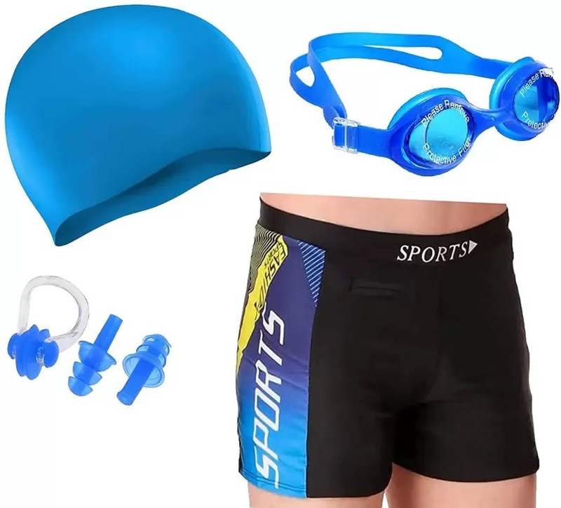 SVNFOXX Boys 1 Swim Short,Anti Fog Goggle, 1 Silicone Cap, 1 NoseClip & 2 EarPlug 2-6 YR Swimming Kit