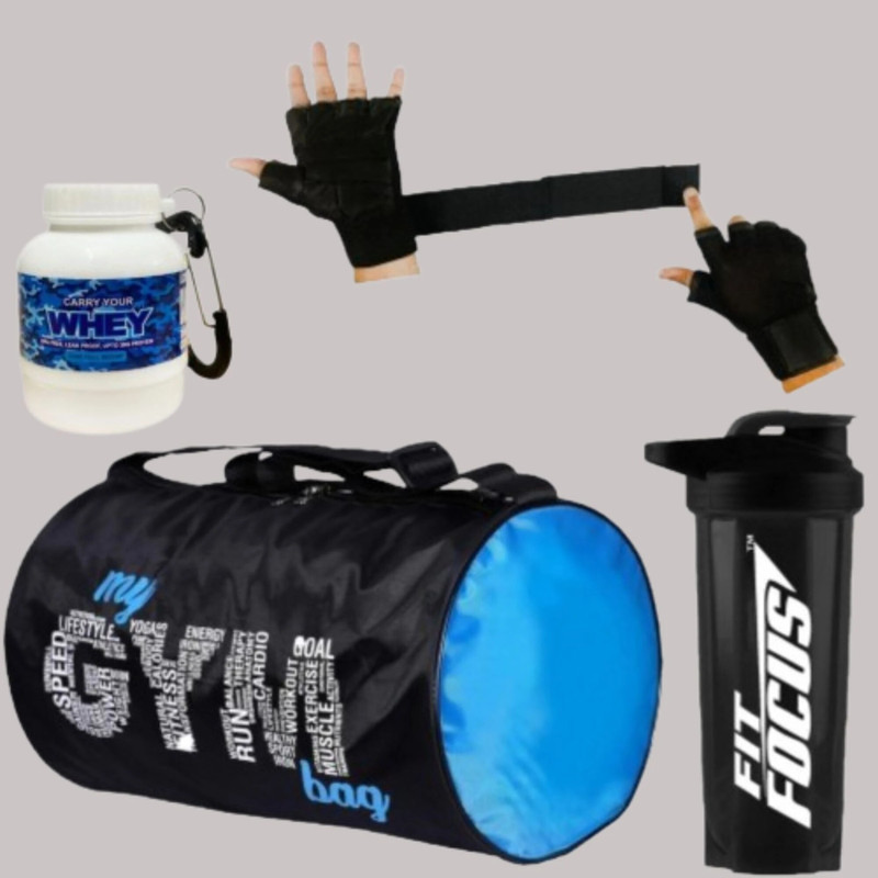 TRUE INDIAN Ultimate Gym Combo Gym Bag, Shaker, Gloves & Whey Protein Container Fitness Accessory Kit Kit