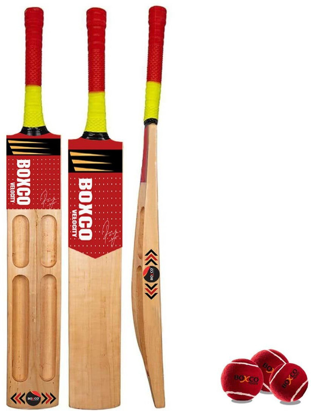 BOXCO Velocity Cricket Bat with 3 Heavy Weight Tennis Cricket Balls, Full Size, Wooden Cricket Kit