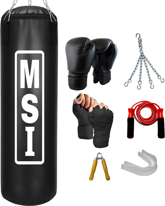 Monika Sports Senior Boxing Pack 3 Feet Unfilled Punching Bag + Pair of Boxing Gloves + Pair of Boxing handwrap + 1 Mouth Guard + 1 Hanging Chain + 1 Bearing Skipping Rope + 1 Wooden Handgrip Boxing Kit