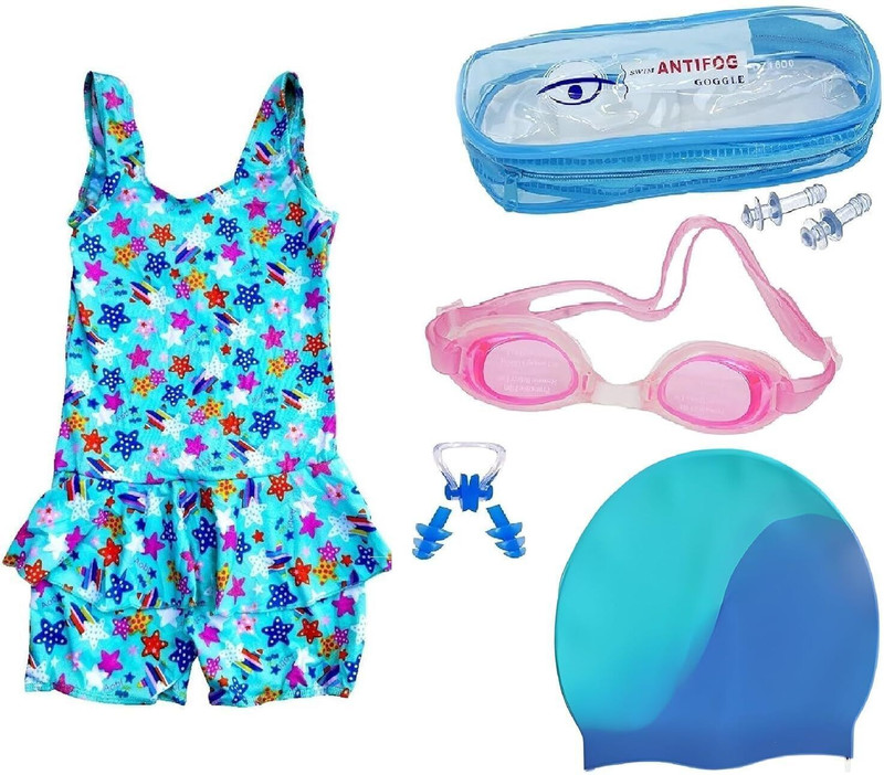 MOVEX Swim Kit Set with Cap Goggles Ear Plug Nose Clip & Swimsuit for Girls (6-7 Y) Swimming Kit