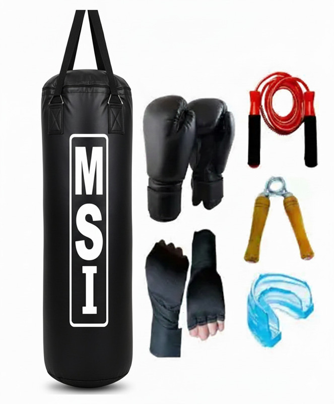 Monika Sports Senior Boxing Pack 3 Feet Unfilled Punching Bag + Pair of Boxing Gloves + Pair of Boxing handwrap + 1 Mouth Guard + 1 Hanging Chain + 1 Bearing Skipping Rope + 1 Wooden Handgrip Boxing Kit