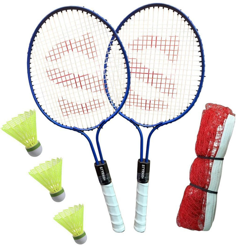 STYRKR Double Shaft Badmintion racket Set Of 4 with Six Shuttle cork With Net Badminton Kit