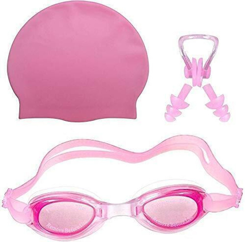 Lebami 100% Silicone Anti Fog Swimming Goggles, Cap, Earplug & Noseplug Set (Black) Swimming Kit