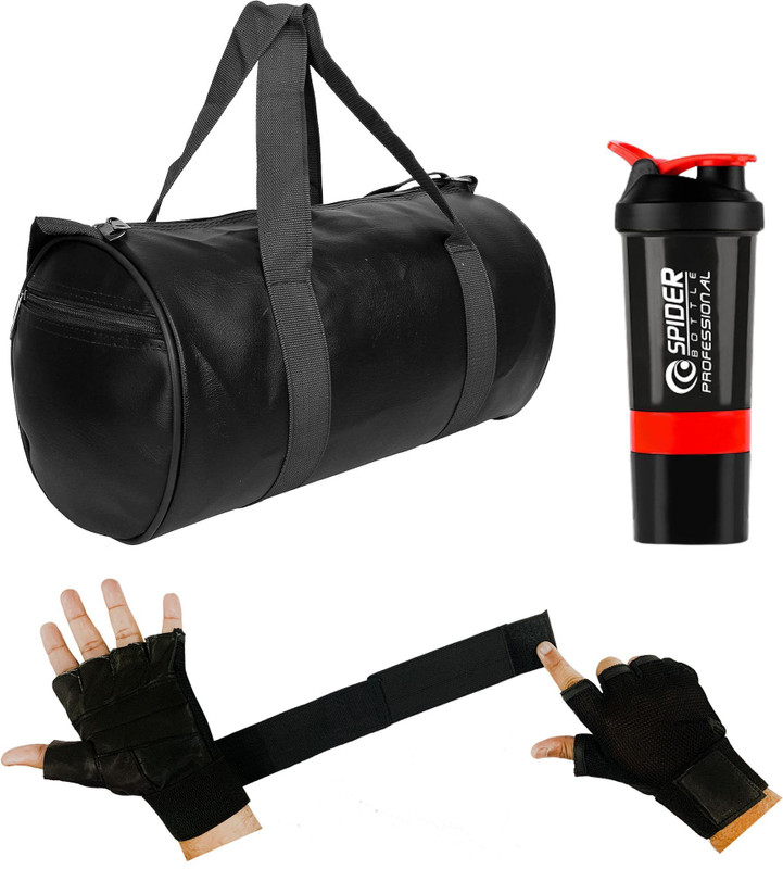 COOL INDIANS Gym Duffle Bag Black Leather Bag Shaker Bottle Gloves with Long Wrist Strap Fitness Accessory Kit Kit