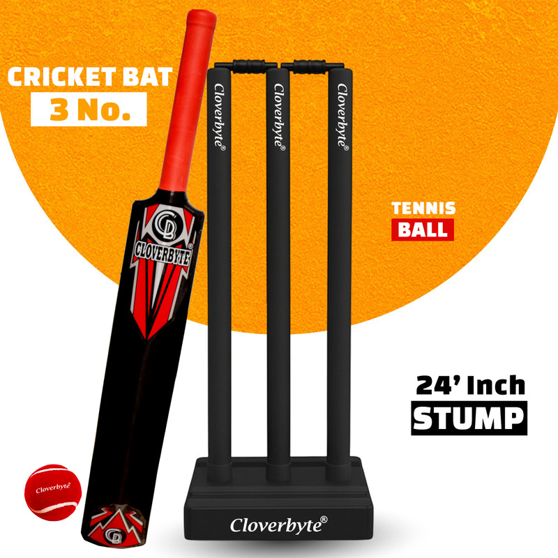 CLOVERBYTE Hard Plastic Cricket Kit For 6-8 Years Kids (3NO. BAT, WICKET 24'', 1 BALL) Cricket Kit